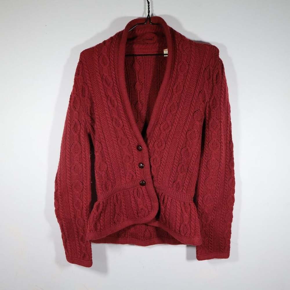 Vintage Burgundy Cable Knit Peplum Wool Cardigan